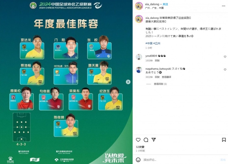 夏達龍獲獎感言：榮幸被選為中乙最佳十一人、最佳球員、最佳射手